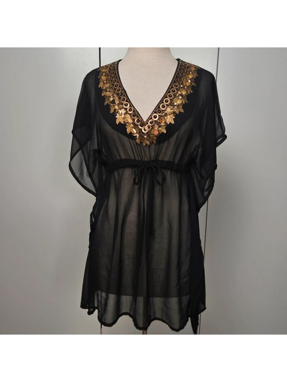 Vintage leaf sequin sheer babydoll kaftan top
